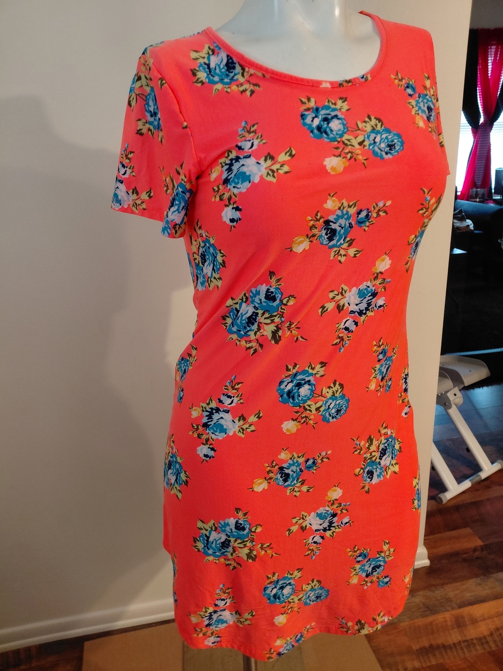 Bobbie Brooks Coral Mini Dress with Blue Floral Print